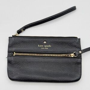 Kate Spade New York Black Leather Wristlet Pouch Gold Tone Zipper